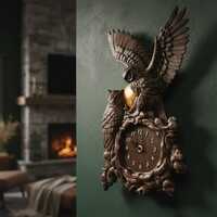 Owl Wall Clock, Carved Wood Great Horned Owl Decor, Rustic Cabin Wall Art, Woodland Cottagecore Gift