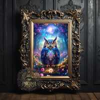Mystical Owl Art Print, Celestial Wisdom, Forest Scene (Digital Download)