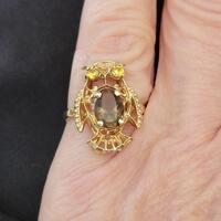 Vintage 14K Solid Gold Owl Ring &mdash; Smoky Quartz & Citrine Eyes, 1970s, Size 5.5