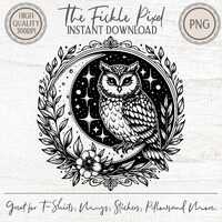 Mystical Moon Owl PNG Clipart | Vintage Woodcut Style Night Sky Art | Witchy Boho Celestial Digital 