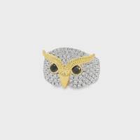 Owl Bird Inspired Diamond Statement Ring in 14K Real Gold Black and White Round Cut Diamond Luxury D