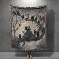 Enchanted Owl Gathering 100% Cotton Woven Blanket, Dark Academia Fantasy Art Throw, Forest Spirit Co