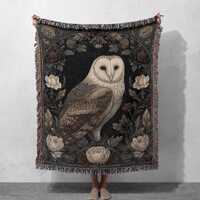 Barn Owl Woven Blanket 100% Cotton, Gothic Floral Decor Throw Blanket, Dark Academia Art Tapestry, V