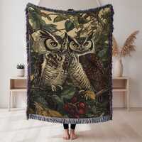Vintage Owl Woven Blanket Rustic Owls Cozy Cabin Cotton Blanket Boho Botanical Wildlife Gift Wildern
