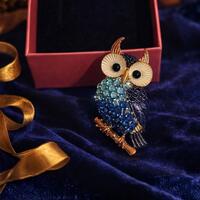 Blue Color Owl Brooch Pin, Crystal Owl Jewelry, Gold Tone Animal Brooch for Women