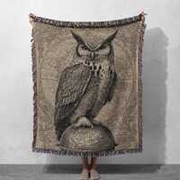 Majestic Wise Owl On Globe 100% Cotton Woven Blanket, Birdwatching Enthusiast Explorer Throw Blanket