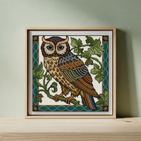 Horned Owl cross stitch pattern PDF, square antique style, blue border, Wildlife Series
