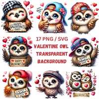 Valentine Owl Clipart Bundle, 17 PNG, Quirky Owls with Hearts, XOXO Png, Owl Lover, Valentine Digita