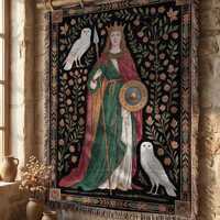 Warrior Goddess Athena Woven Throw Blanket, Greek Mythology Owl Tapestry, Medieval Queen Wall Hangin