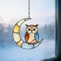 Owl Moon Stained Glass Pattern, Owl Moon Suncatcher, Celestial Owl Glass Art, DIY Stained Glass