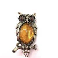 Vintage 1980's 1990's Brooch Pin Owl Clear Tea Color Stomach Signed *Napier*