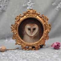Original Barn Owl Oil Painting with Vintaged Gilt Frame, Owl Head Painting, Small Framed Wildlife Fi
