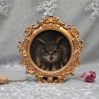 Original Owl Oil Painting with Vintaged Gilt Frame, Eagle Owl Painting, Small Framed Wildlife Fine A