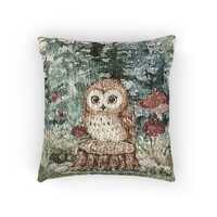Woodland Owl Woven Pillow | Cute Owl Throw Pillow, Owl Nursery Pillow, Rustic Forest Mushroom Tapest