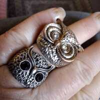 Two owl rings, chunky rings, vintage 1970s, retro jewellery, retro rings, rhinestone eyes, owl jewel