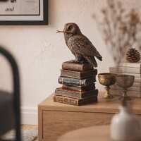 Mystical Owl on Books Statue with Wand &ndash; Antique Bronze Witchcraft Scholar Sculpture Tabletop 