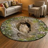 3D Forest Owl Tree Hollow Rug, Spring Wildflower Floor Mat, Realistic Nature Wildlife Carpet, Woodla