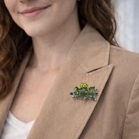 Triple Owl Crystal Brooch Green Yellow Rhinestone Bird Pin Gift For Her