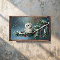 Winter Bird Frame TV art, Woodland Snowy Owl, Bird TV art, Samsung Frame TV art,