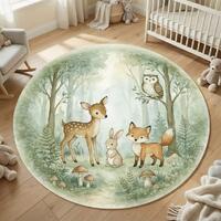Woodland Animals Nursery Rug, Deer Fox Owl Forest Kids Rug