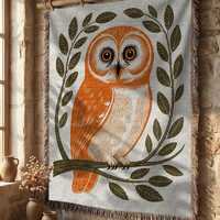 Owl Folk Art Woven Blanket, Woodland Owl Tapestry, Vintage Nature Wall Art, Cozy Cottagecore Home De