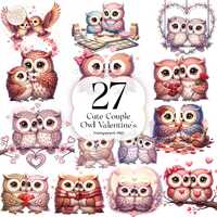 Cute Couple Owl PNG Clipart Bundle Valentine&rsquo;s Day Love Theme for Couples OWLVD01