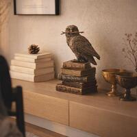 Magic Wand Snowy Owl Statue on Book Stack, Cold Cast Bronze Finish Figurine, Gothic Witchcraft Owl D