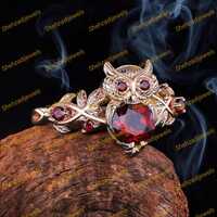 Round Garnet Owl Bird Ring Nature Inspired Leaf Wedding Band 14K Yellow Gold Rings Animal Jewelry
