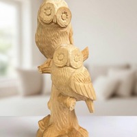 Wooden Owl Figurine, Carved Standing Owls on Branch, Animal Shelf Decor, Solid Wood Statuette, Rusti