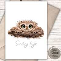 Sending Hugs Printable Card, Owl Thinking of You Card, Sympathy Card, Encouragement Card, Digital Do