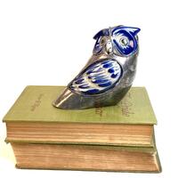 Vintage Silver-Tone Tonala Ceramic Owl Figurine &ndash; Mid-Century Style Collectible Bird Statue wi