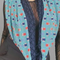 Luxury Handmade Infinity Scarf with Owl Print, Chiffon & Navy Lace, One of a Kind Designer Scarf