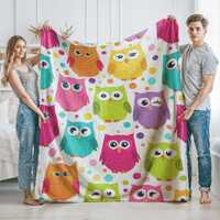 Colorful Owl Velveteen Plush Blanket, Cute Cartoon Owl Pattern Soft Fleece Blanket, Whimsical Owl Ki