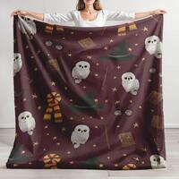Snowy Owl in Witch Hat Plush Blanket, Magical Wizard Scarf Wand Glasses, Fantasy Book Stars Cozy Min