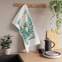 Teal and Gold Owl Illustration Tea Towel | Decorative Kitchen Linen