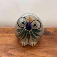 Vintage Erandi Tonal&aacute; Mexico Pottery Owl Figurine, Green Petatillo Pattern
