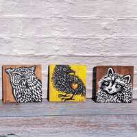 Woodland Animal Art on Wood Panel &ndash; Owl, Raven or Raccoon Original Mini 4.5x4.5 Painting