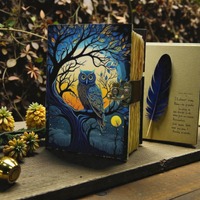 Owl Leather Grimoire Journal Book of Shadows Handmade Witchcraft Notebook Full Moon Blank Spell Book