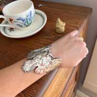 OWL French Antique Silver Plate Figural Cuff Bracelet LARGE Art Nouveau Unique Bangle Lifelike Sculp