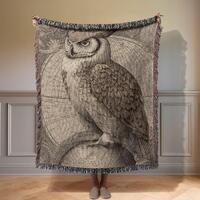 Vintage Owl 100% Cotton Woven Blanket, Antique Great Horned Owl & World Map Throw Blanket, Uniqu