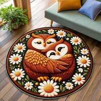 Round Owl Pattern Rug, Daisy Pattern, Whimsical Cottagecore Animal Decor, Floral Carpet, Nursery Dec