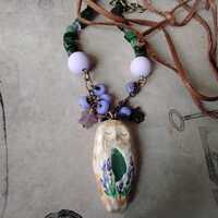 Handcrafted Polymer Clay Sleepy Owl with Canadian Jade Amethyst and Czech Glass with Leather lace an