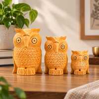 Kadam Wood Owl Family Statue | Hand Carved Wooden Figurines | Wisdom Home Decor by Trewwoo