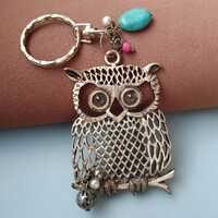 Large Owl Charm Keychain: Beaded Silver Bag Accessory