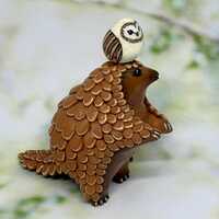 Pangolin with owl friend polymer clay animal totem, handmade figurine