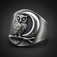 Sterling Silver Owl Moon Ring • Oxidized Wide Band Statement Ring • Vintage Celestial Witc