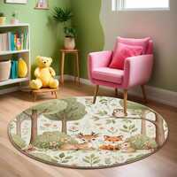 Woodland Animals Nursery Rug, Deer Fox Owl Forest Kids Rug, Woodland Animals Nursery Round Rug