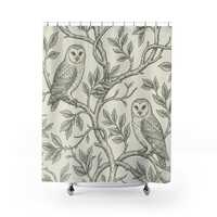 Vintage Owl Shower Curtain | Woodland Botanical Bathroom Decor | Cottagecore Nature Illustration | N