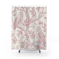 Blush Owl Toile Shower Curtain | Vintage Woodland Bathroom Decor | Cottagecore Botanical Bath