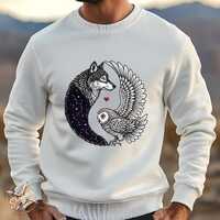 Wolf Owl Yin Yang Sweatshirt, Digital Illustration Hoodie, Cosmic Animal T-Shirt, Celestial Couple G